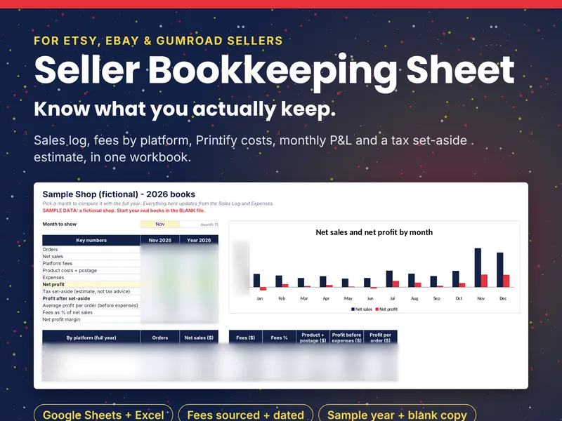 Seller Bookkeeping Sheet title above a sample-shop dashboard with a monthly sales chart (sample figures blurred).