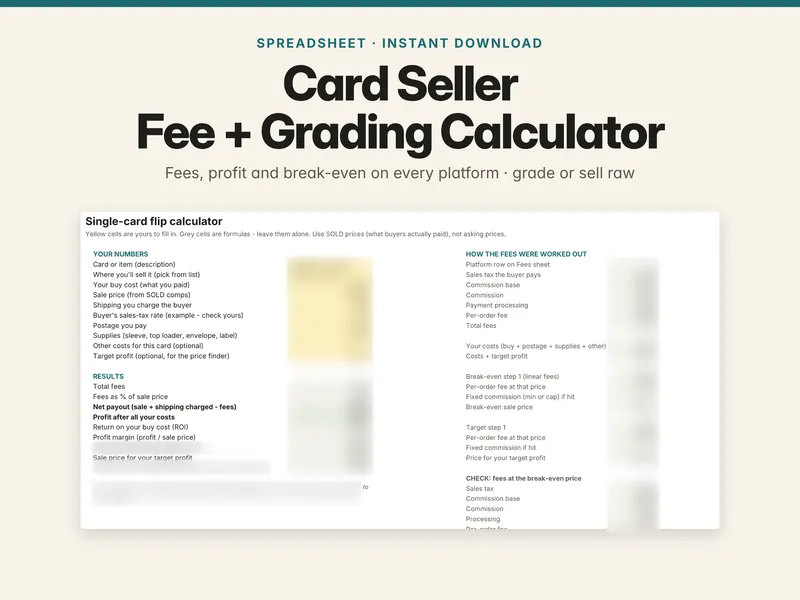 Pictured: the Card Seller Fee and Grading Calculator spreadsheet from the Sleeve to Sold guide + calculator bundle (example figures blurred).