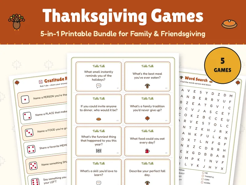 Three printable Thanksgiving game pages: a gratitude dice game, Table Talk conversation cards, and a word search.